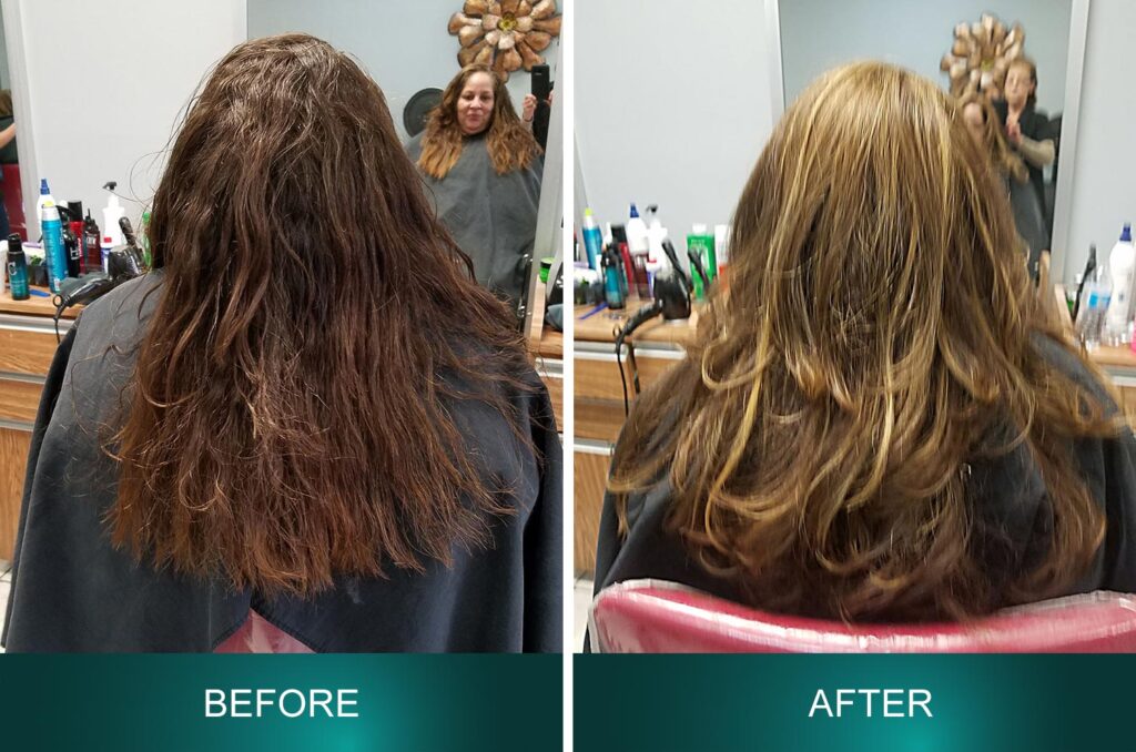 before and after: blonde highlights, cut and style by Mario Giganti, Avon, Ohio