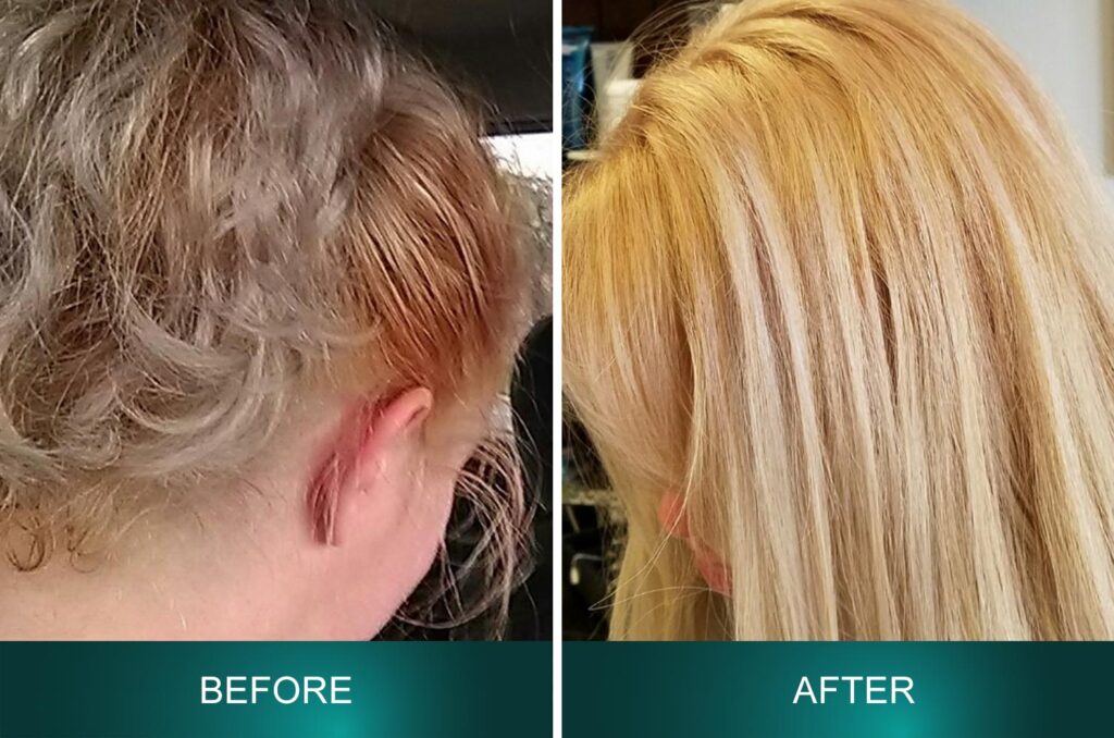Before and After: Color correction, women's haircut, and style